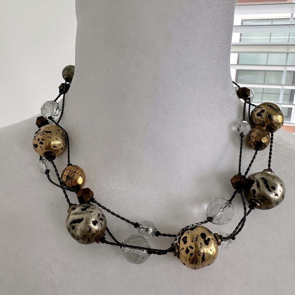 Vintage Signed Dabby Reid 3 Strand 18” Necklace, Gold,Silver Metal & Clear Balls